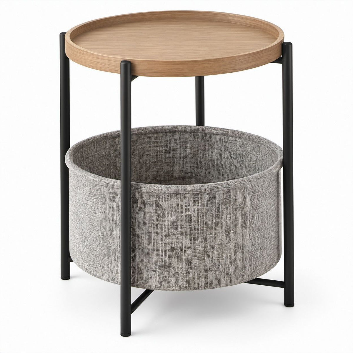 Tavolino laterale rotondo con vano portaoggetti Ø 40 x 55 cm Rovere Chiaro/Grigio/Nero