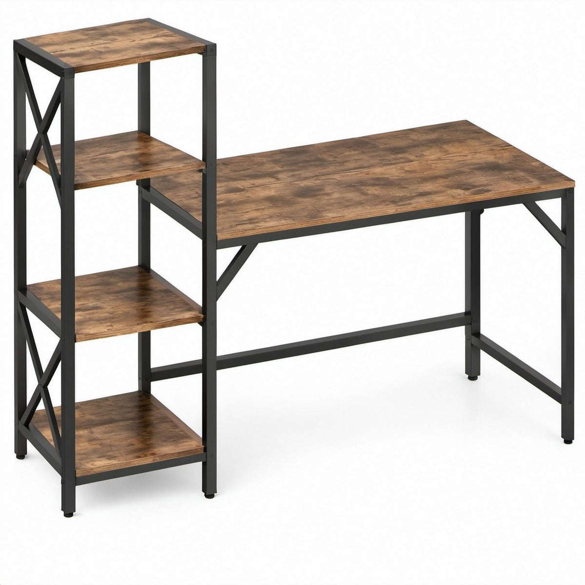 Scrivania rettangolare con scaffale laterale a 4 ripiani, Marrone Rustico e Nero, 120 x 60 x 120 cm