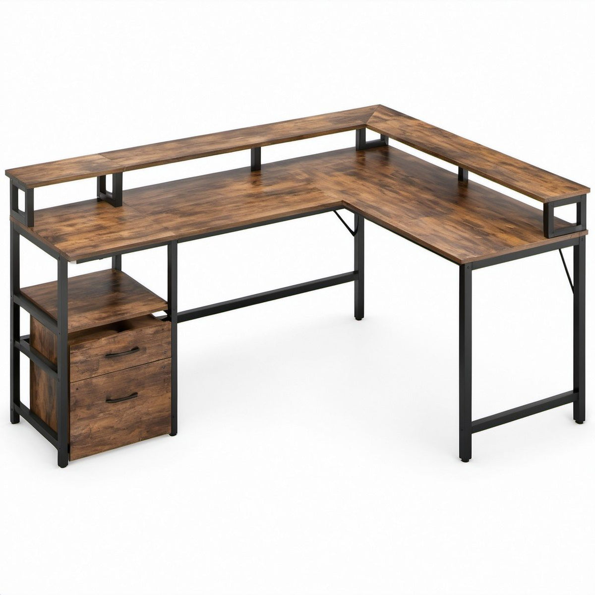 Scrivania angolare a L 150 x 120 x 90 cm Marrone Rustico e Nero con Ripiano Superiore e 2 Cassetti