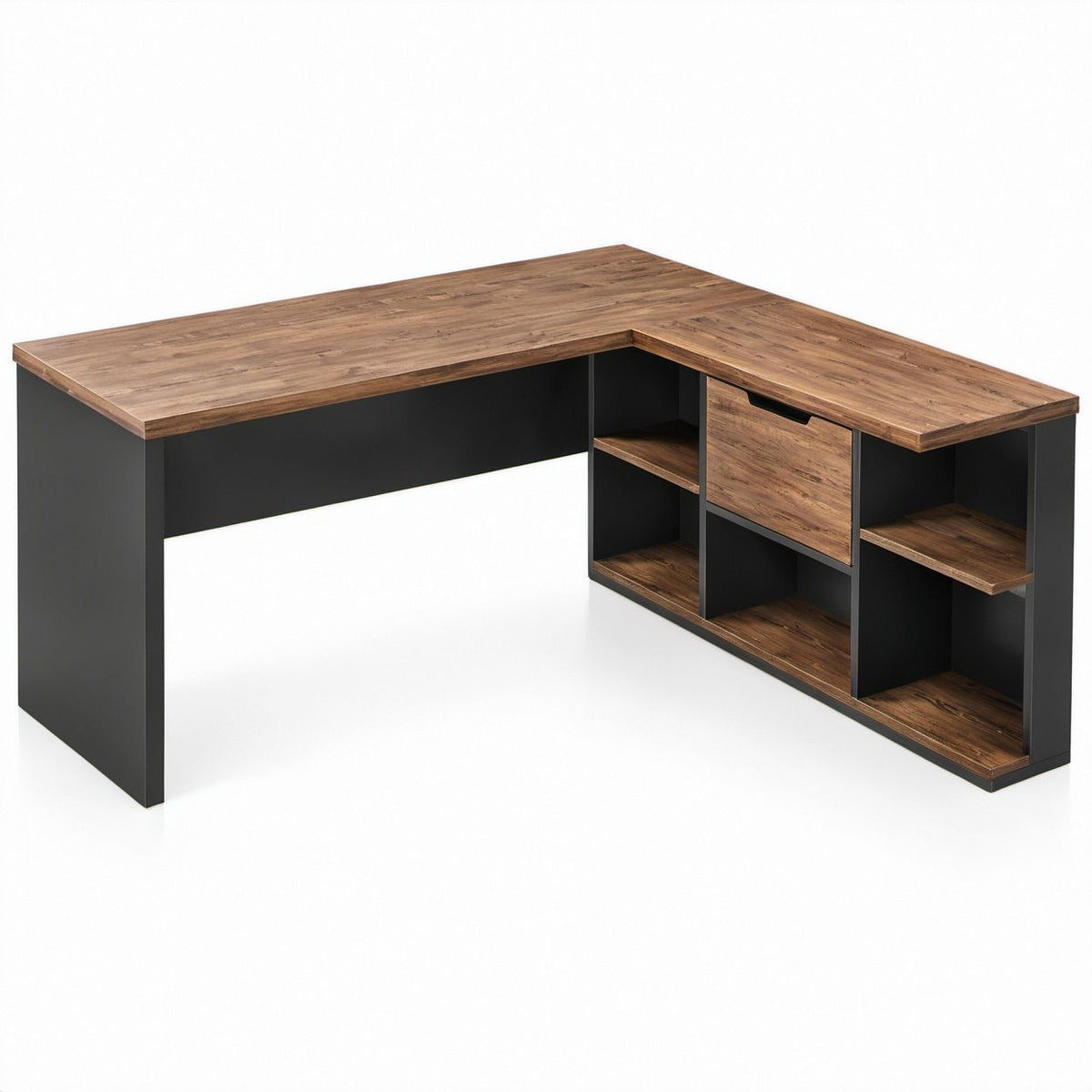 Scrivania angolare a L Marrone e Nero 160 x 120 x 75 cm con Cassetto e Ripiani
