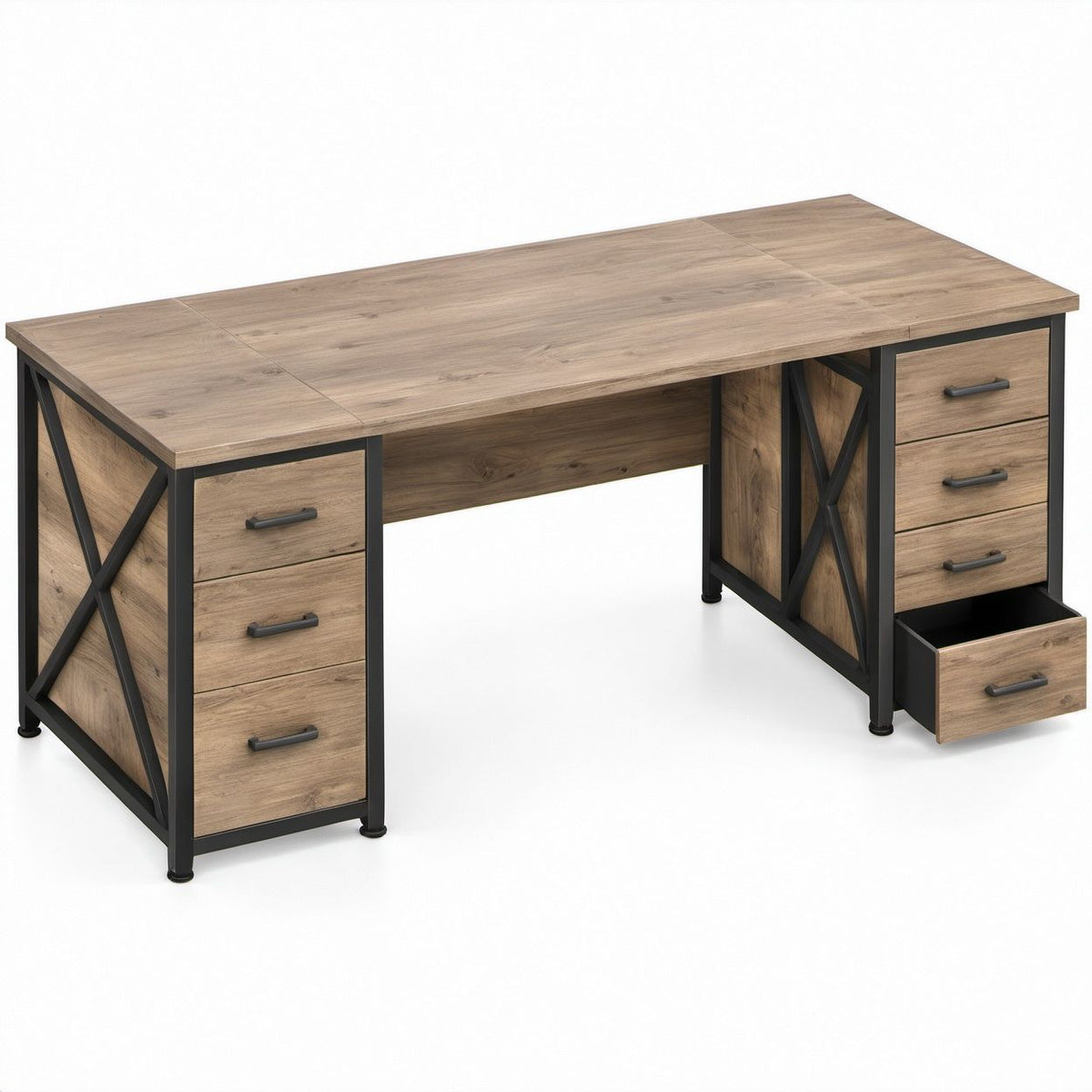 Scrivania rettangolare effetto rovere marrone e nero 180 x 60 x 75 cm con 6 cassetti