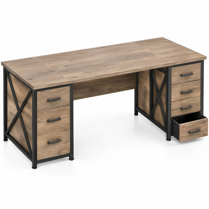 Scrivania rettangolare effetto rovere marrone e nero 180 x 60 x 75 cm con 6 cassetti