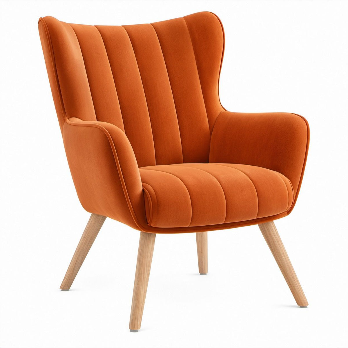 Poltrona lounge a orecchie in velluto arancione terracotta con gambe in legno naturale chiaro, 78 x 85 x 103 cm