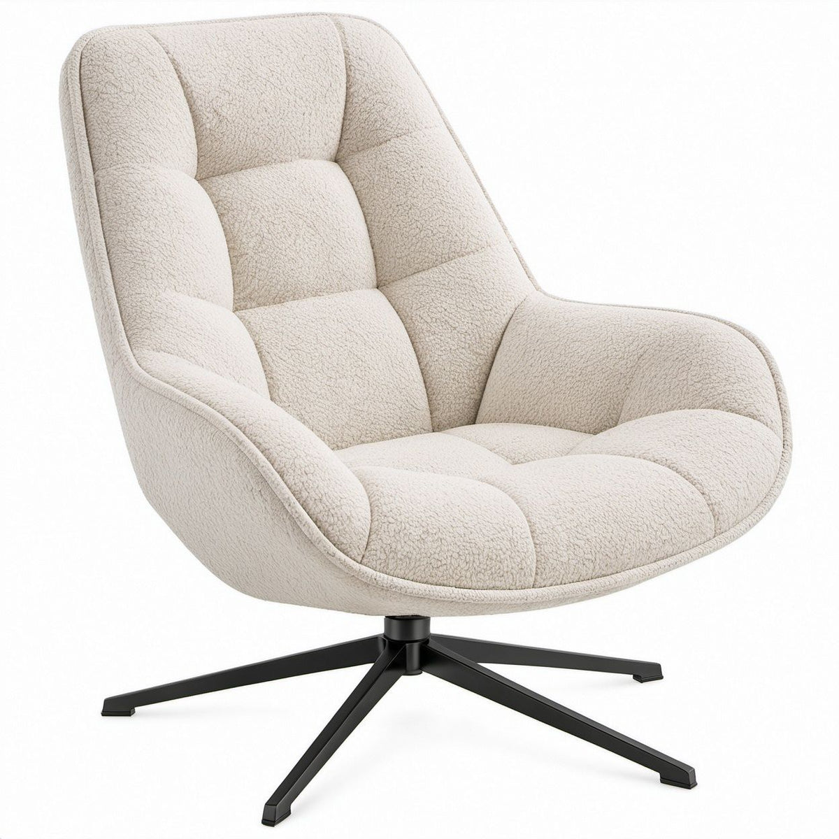 Poltrona lounge girevole imbottita in bouclé crema con base nera, 78 x 82 x 98 cm