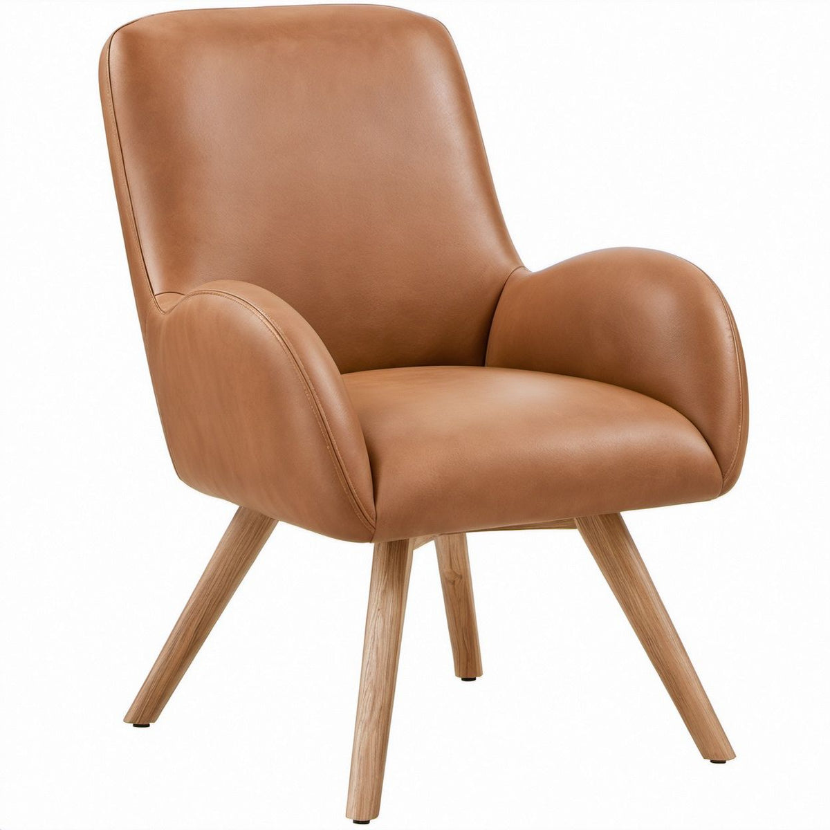 Poltrona lounge marrone cognac in similpelle PU con gambe in legno naturale, 72 x 76 x 94 cm
