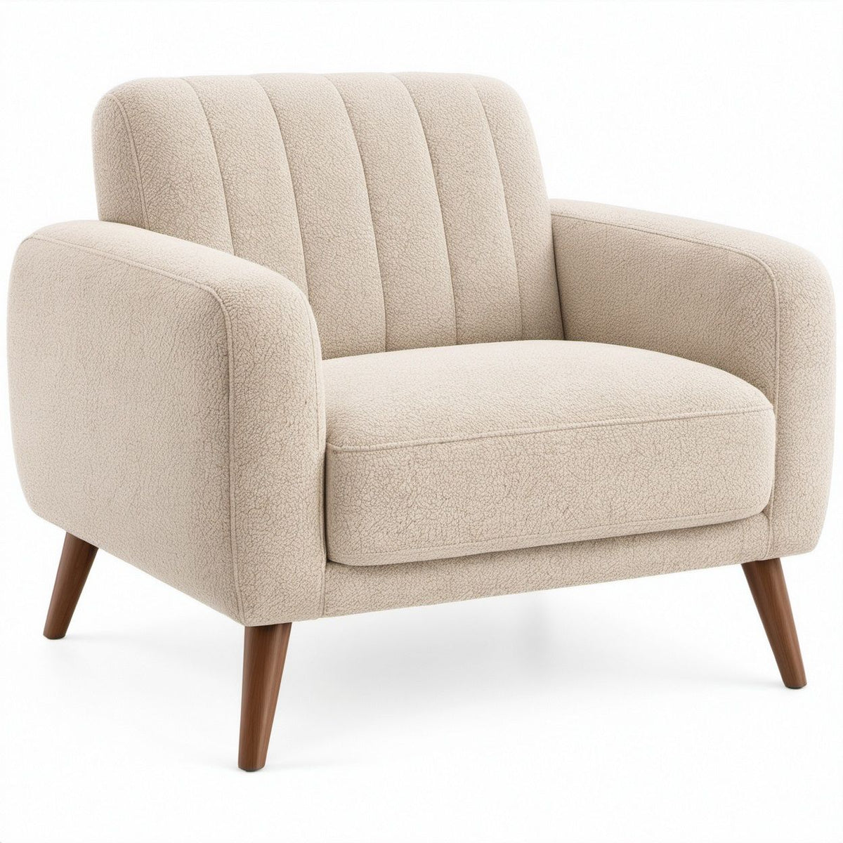 Poltrona arrotondata in bouclé beige con gambe in legno marrone, 82 x 78 x 78 cm