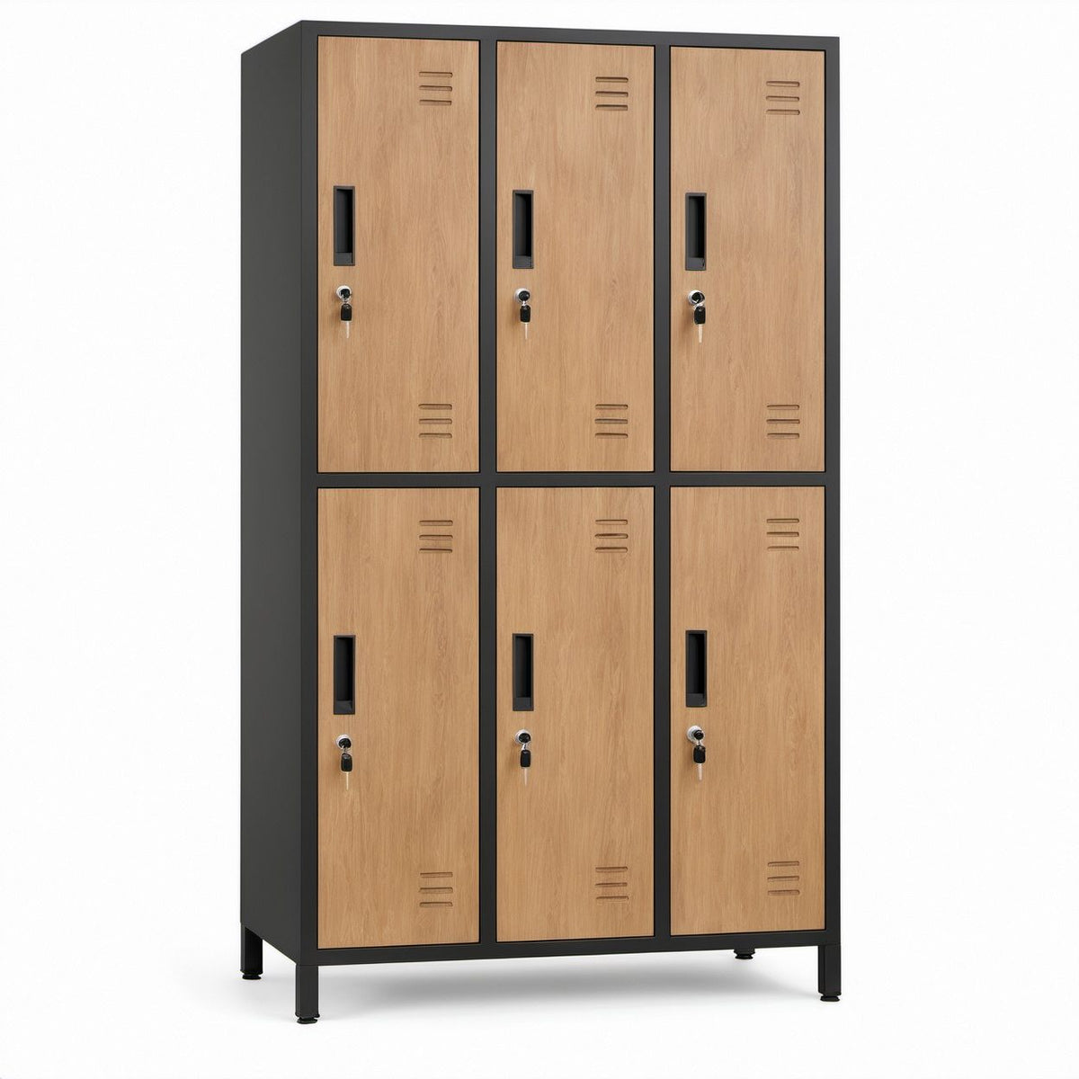 Armadio spogliatoio a 6 ante in acciaio e MDF effetto rovere, 90 x 45 x 180 cm, Rovere/Nero