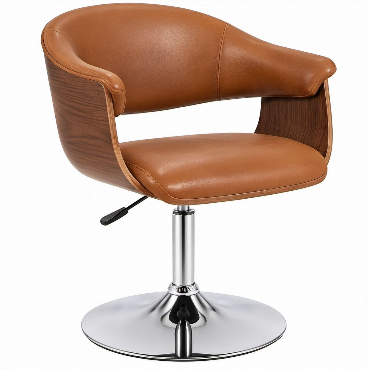 Poltrona lounge girevole marrone in pelle sintetica PU e multistrato impiallacciato noce, 68 x 65 x 82-94 cm