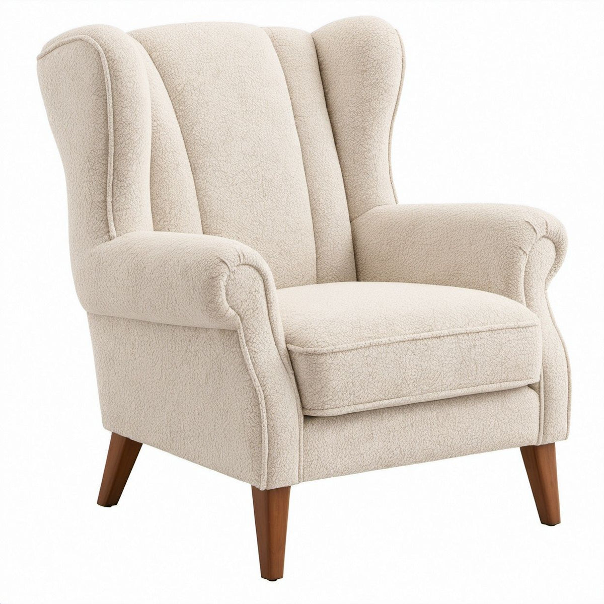 Poltrona Bergère Beige in Tessuto Bouclé con Gambe in Legno Noce, 82 x 88 x 105 cm