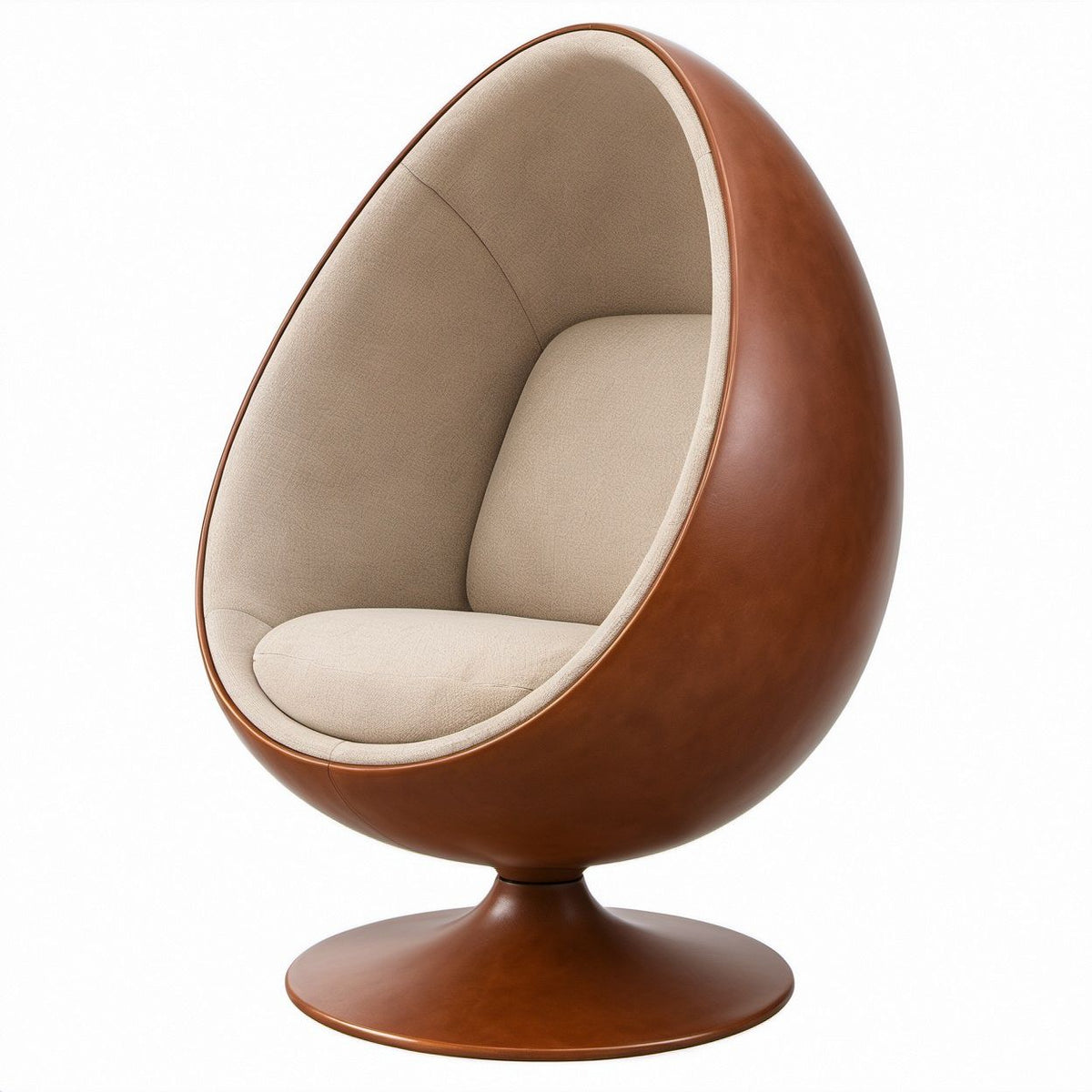 Poltrona lounge girevole ovale marrone e beige in pelle sintetica PU e poliestere, 95 x 85 x 145 cm