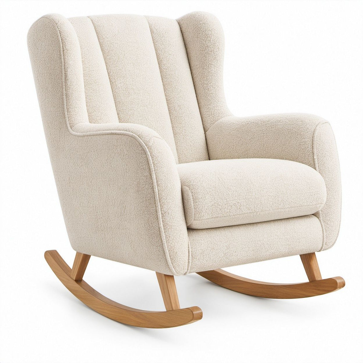 Poltrona a dondolo lounge con schienale alto in bouclé beige e base in legno naturale, 75 x 92 x 103 cm