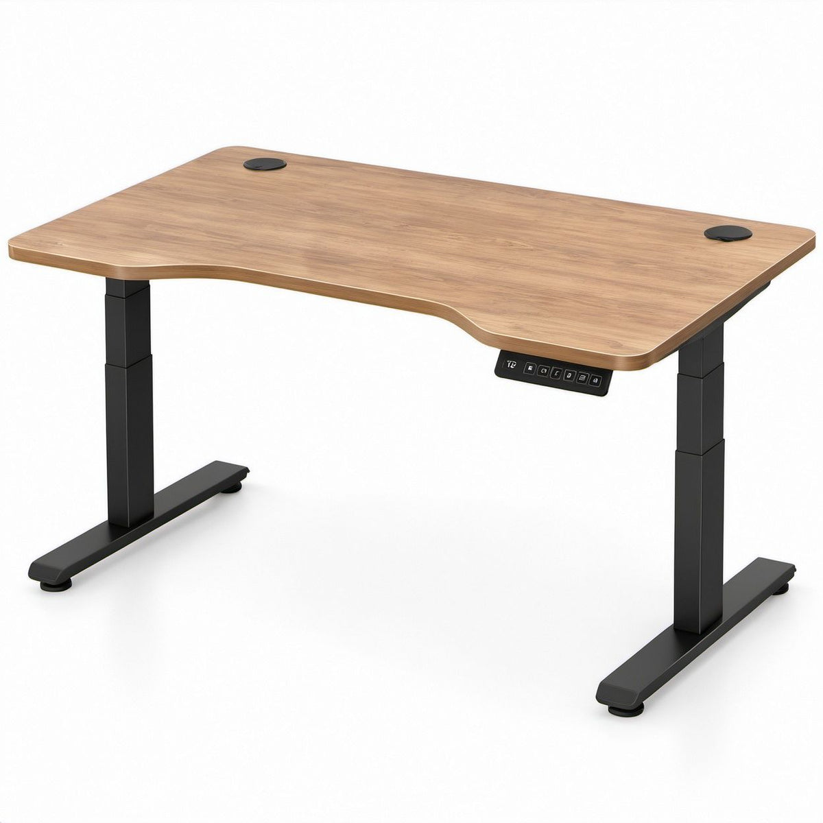 Scrivania elettrica regolabile in altezza sagomata 140 x 70 cm Noce e Nero