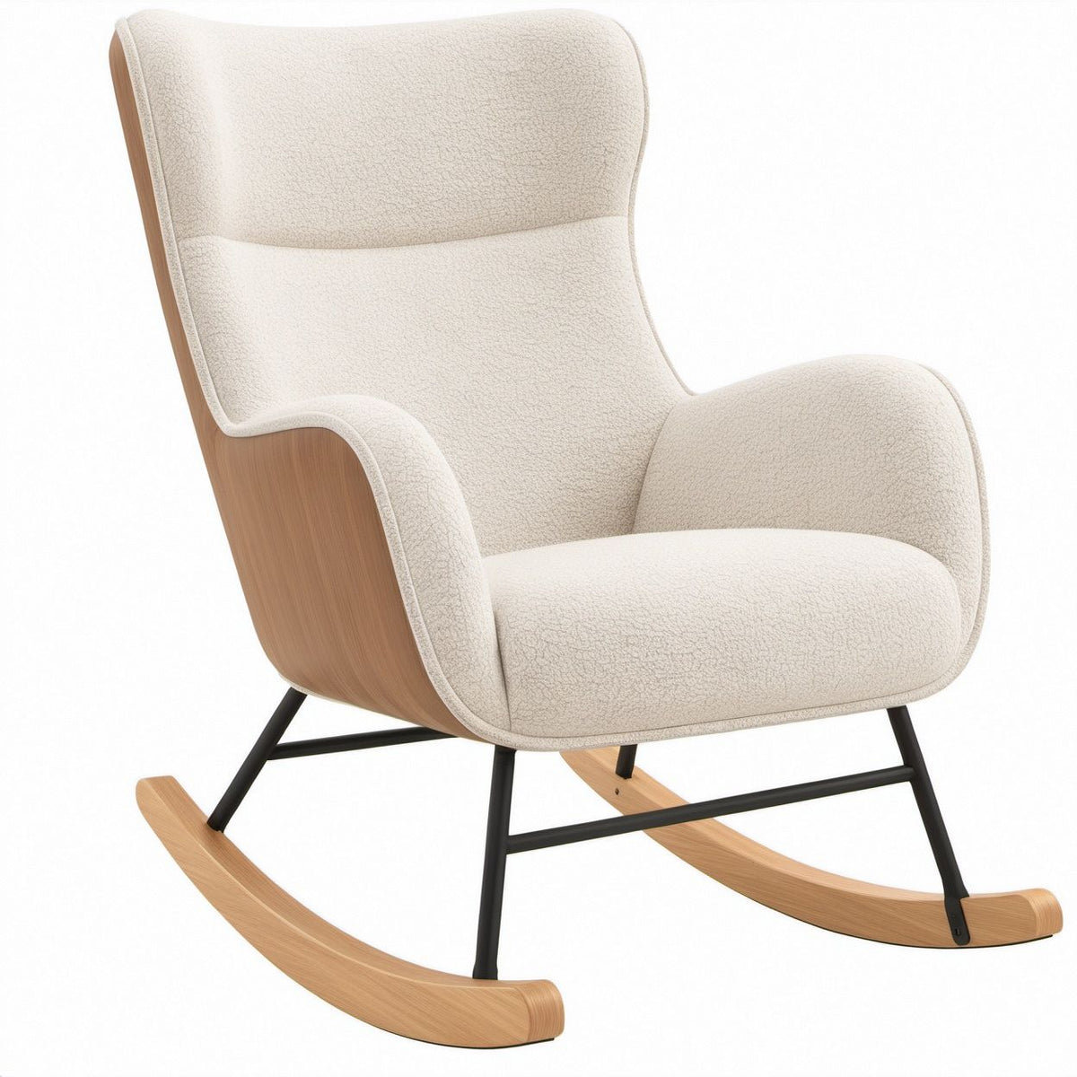 Poltrona a dondolo con schienale alto in bouclé bianco avorio, rovere naturale e nero, 74 x 90 x 102 cm