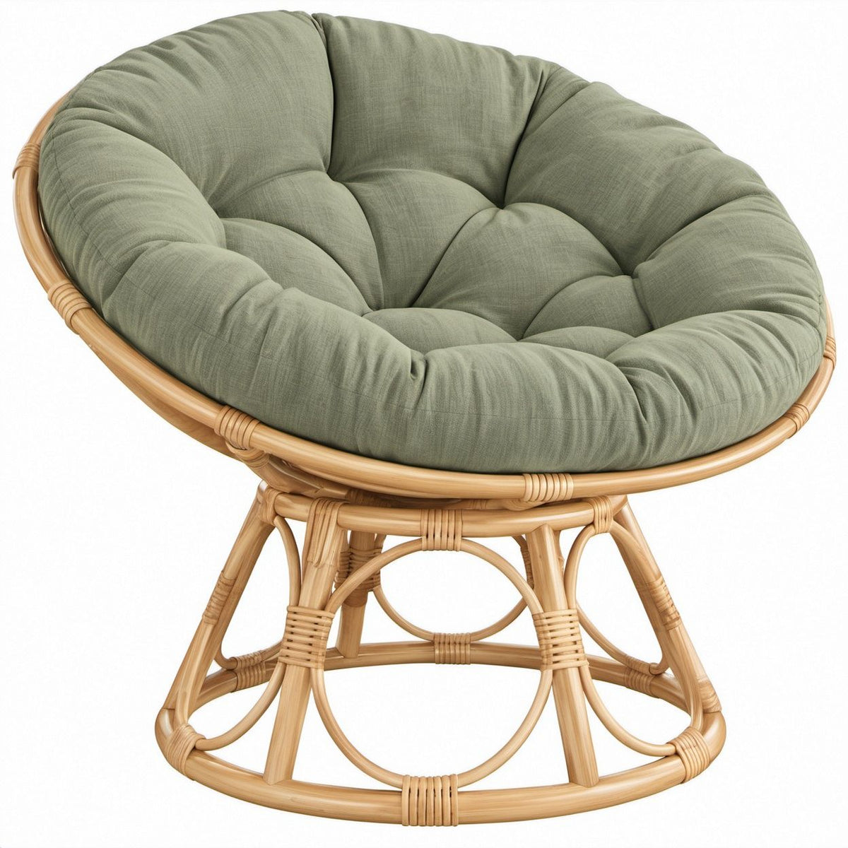 Poltrona Papasan rotonda in rattan naturale con cuscino verde salvia, 100 x 100 x 95 cm