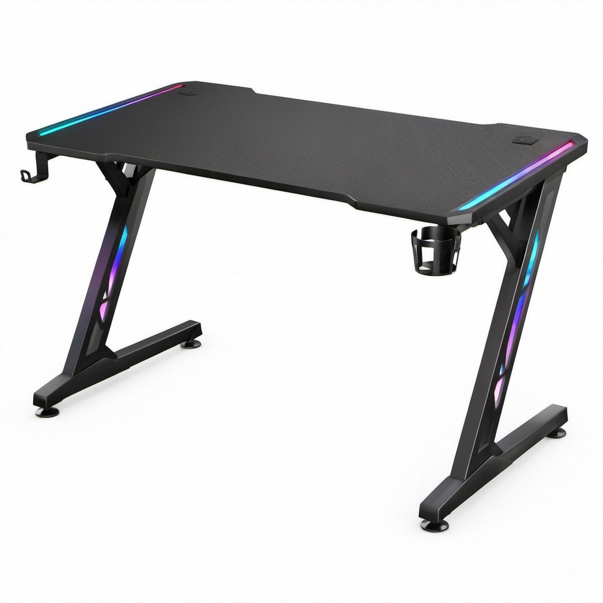 Scrivania gaming nera con LED RGB, piano effetto fibra di carbonio, 140 x 60 x 75 cm