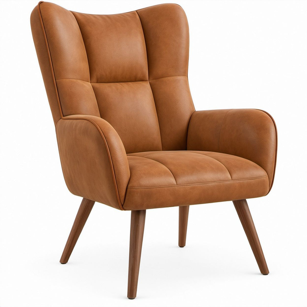Poltrona lounge a schienale alto in pelle sintetica PU cognac con gambe effetto noce, 78 x 82 x 103 cm