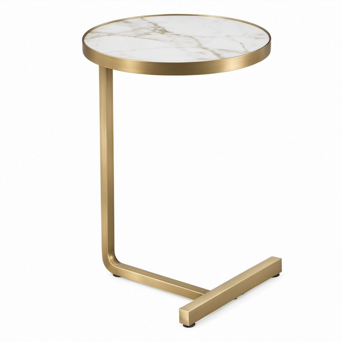 Tavolino laterale a C rotondo effetto marmo bianco e oro, 45 x 45 x 60 cm